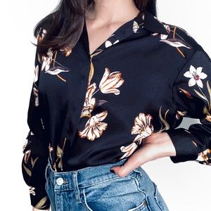 Black and gold floral print button down top